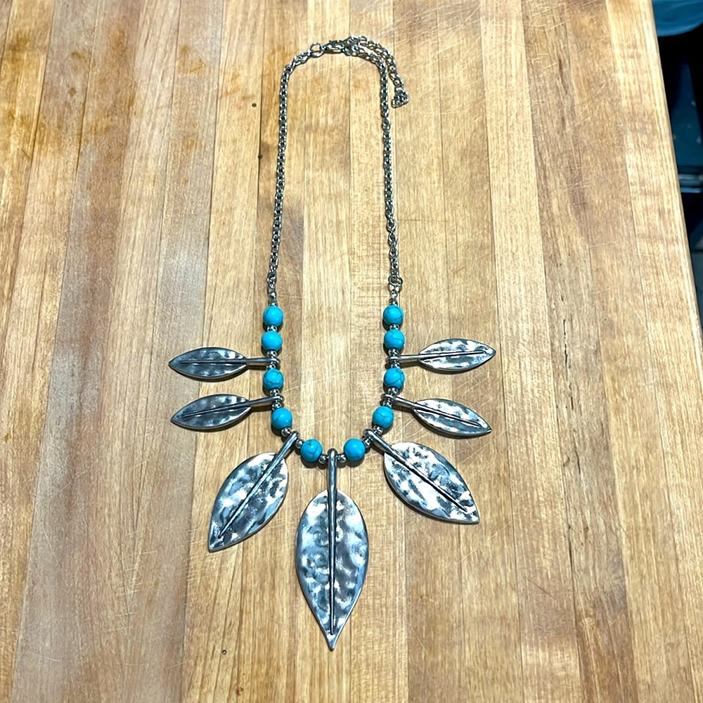 Paparazzi Silver Leaf Necklace with Natural Turquoise Beads 💠 Boho Style
